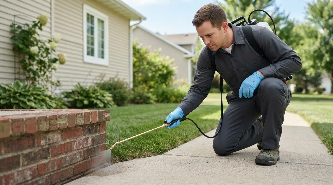 Pest control technician treating a home near Moreno Valley, CA